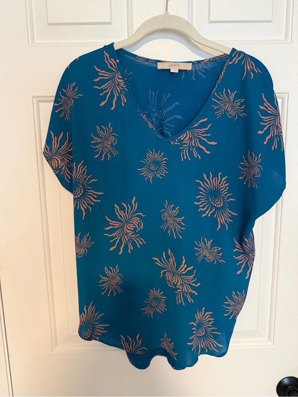 LOFT Teal V-Neck Blouse with Pink Sunburst Print